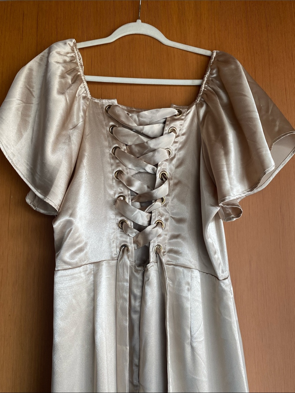 Ivy City Co Cream Satin Maxi Dress with Flutter Sleeves - Picture 4 of 4